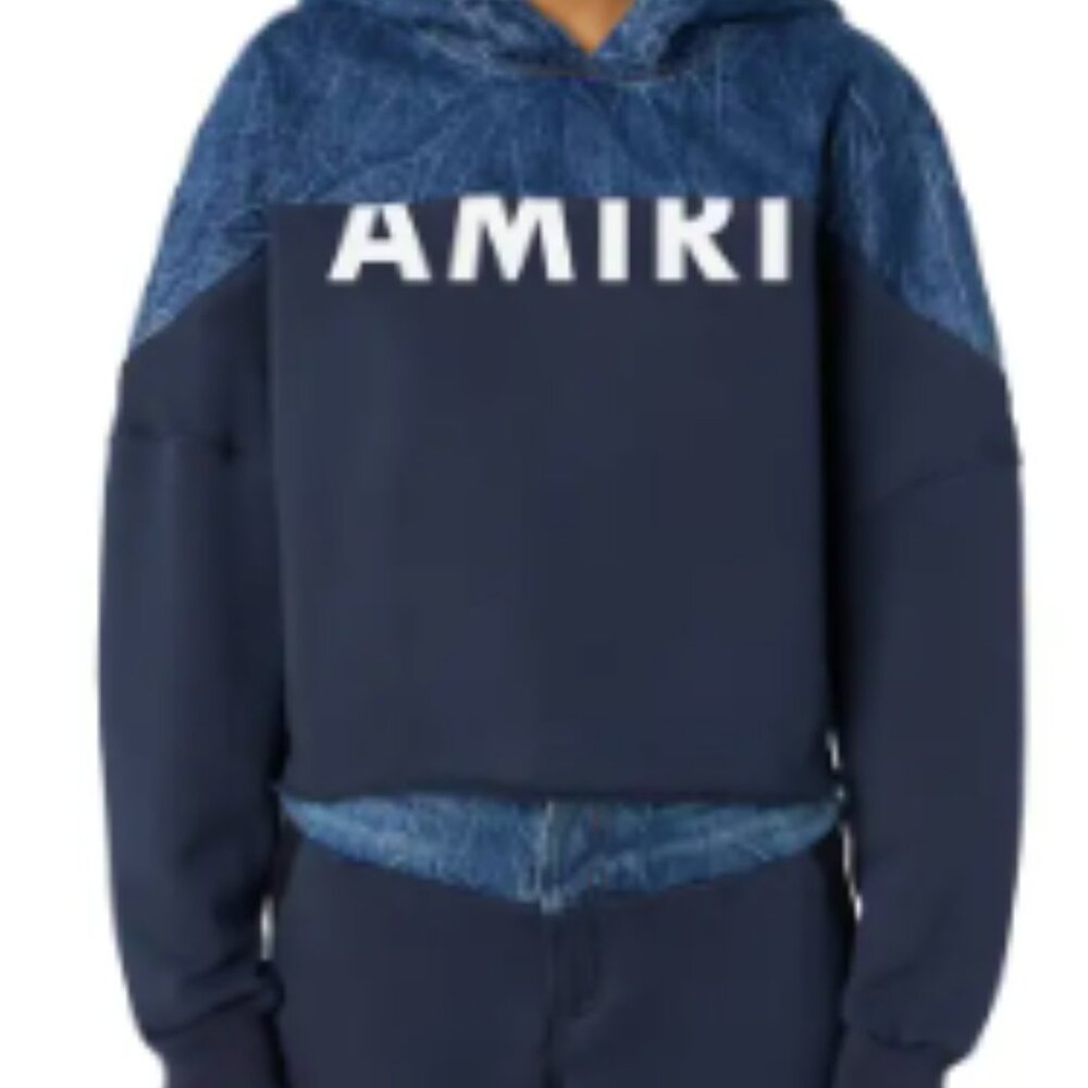 AMIRI Hybrid Denim Panel Hoodie + Jogger Set Blue/Charcoal Logo Luxury Streetwea